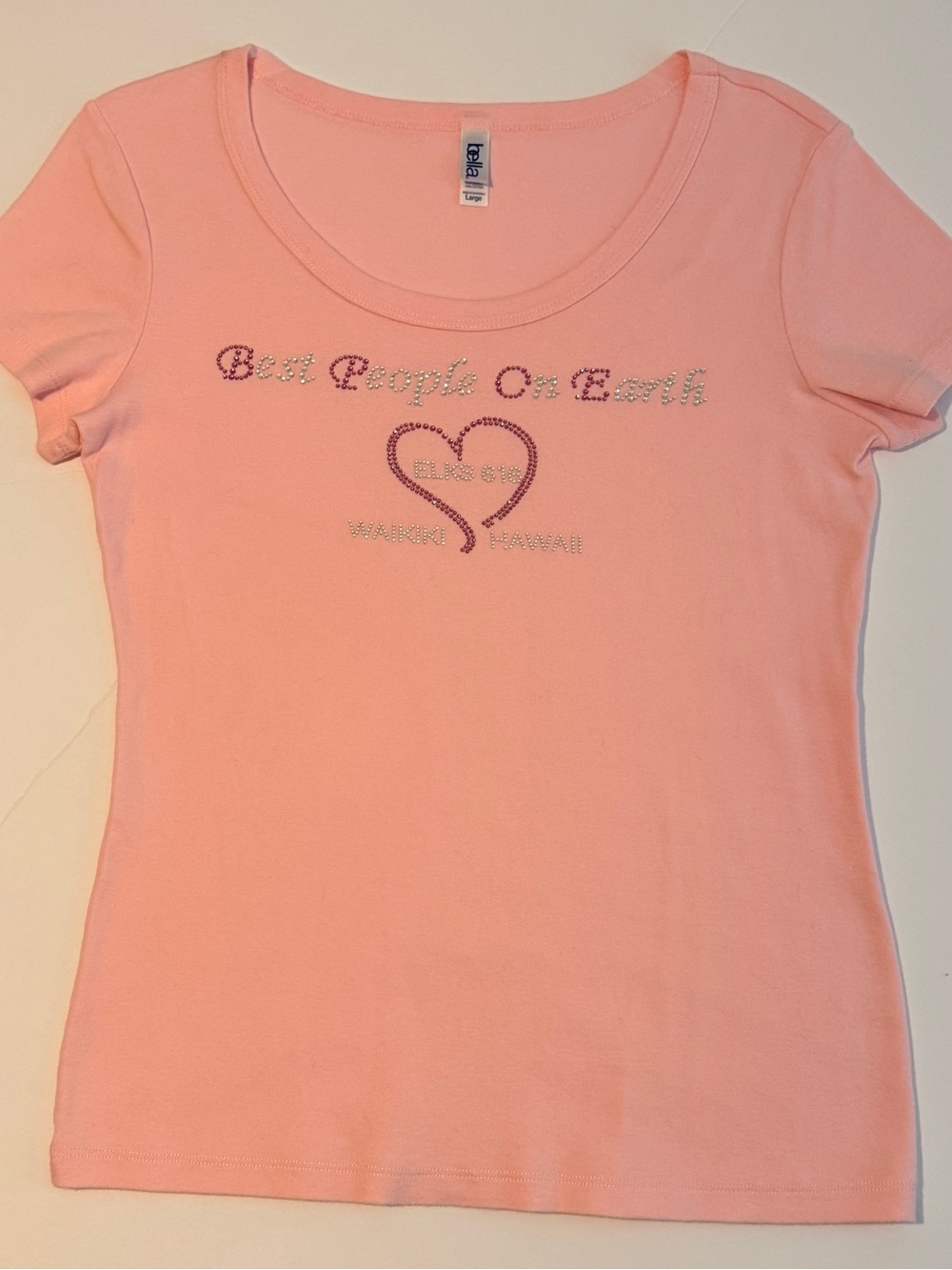 Waikiki Elks Lodge 616 Hawaii Pink Rhinestone Heart Scoop NeckTee Women’s Large